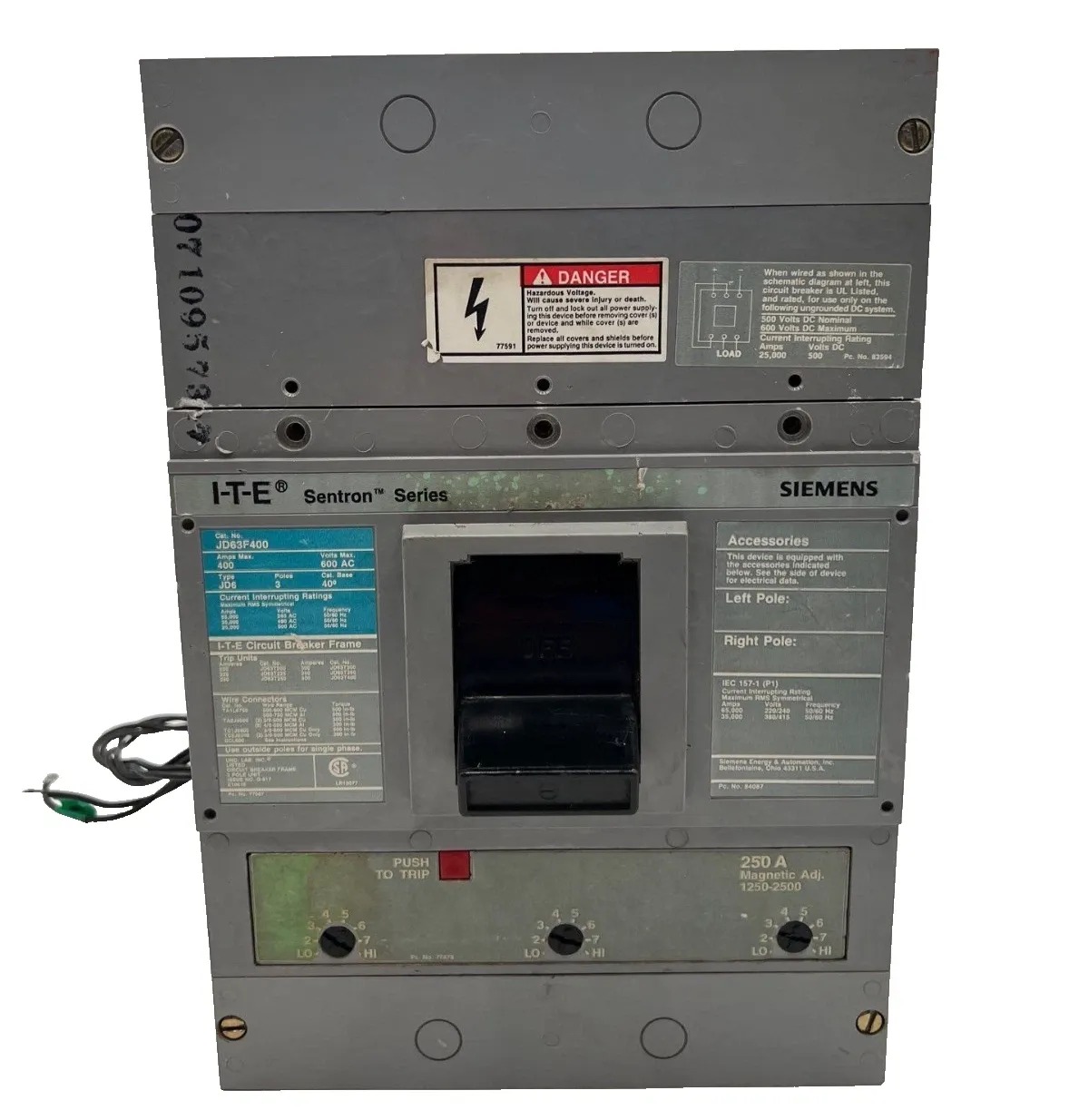 250 Amps, Siemens #JD63B250, Circuit Breaker, 3-Pole, 600 Volts, Bolt-On