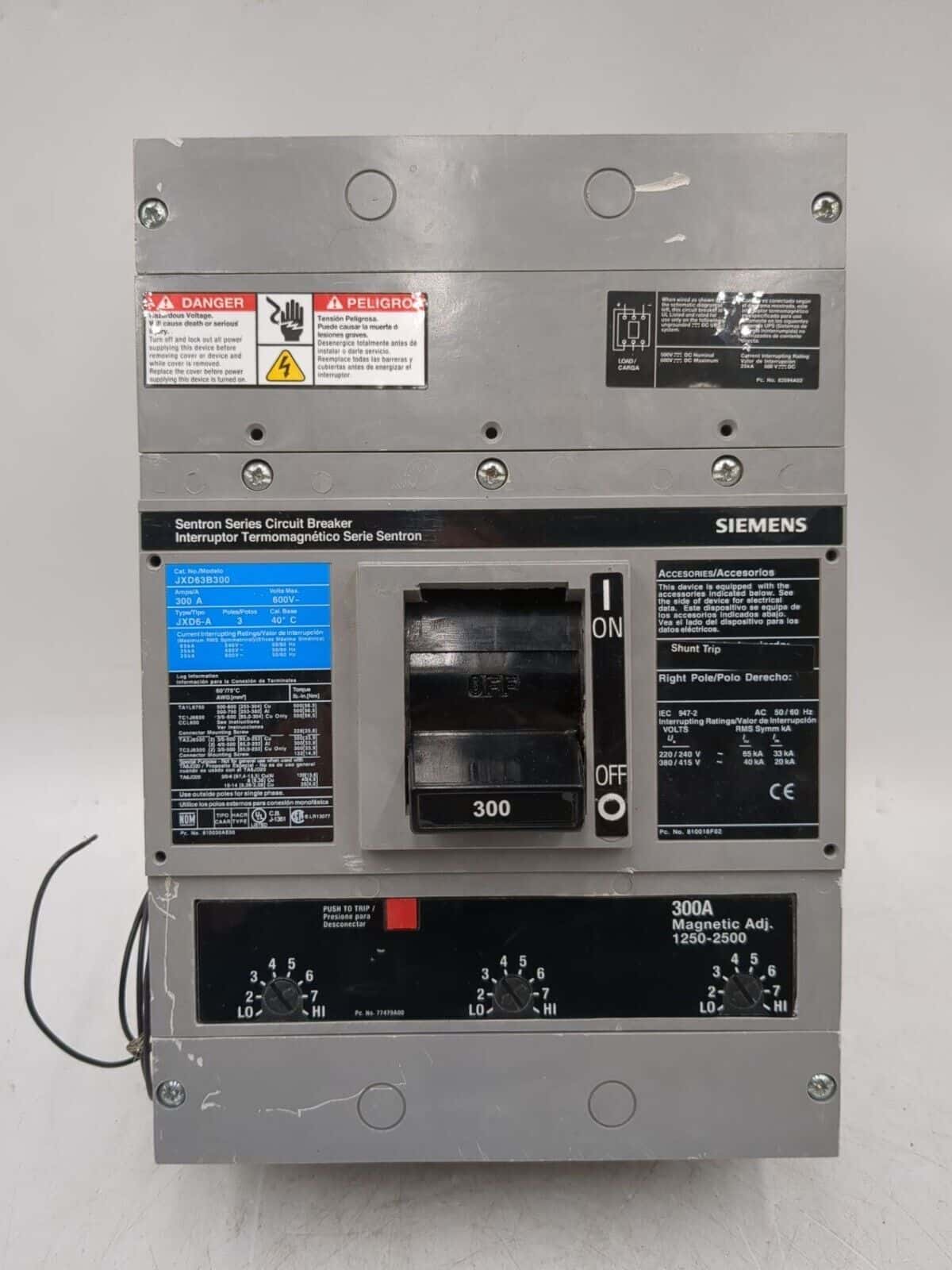 300 Amps, Siemens #JXD63B300-S01JLD6, Circuit Breaker, 3-Pole, 600 Volts, Shunt Trip