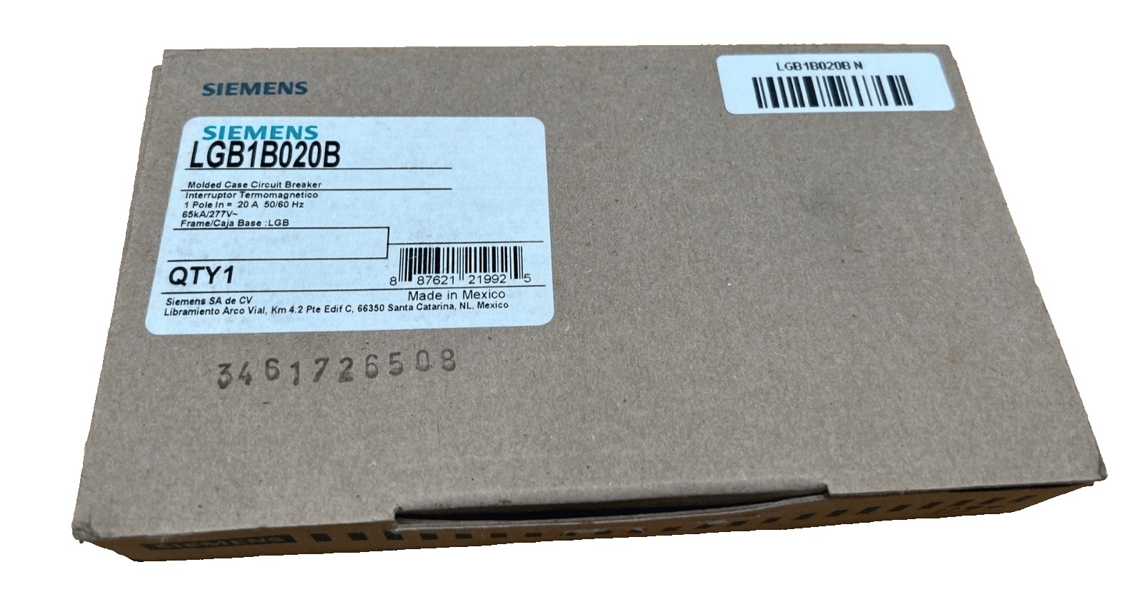 20 Amps, Siemens #LGB1B020B, Circuit Breaker, 1-Pole, 277 Volts, Bolt-On, NEW
