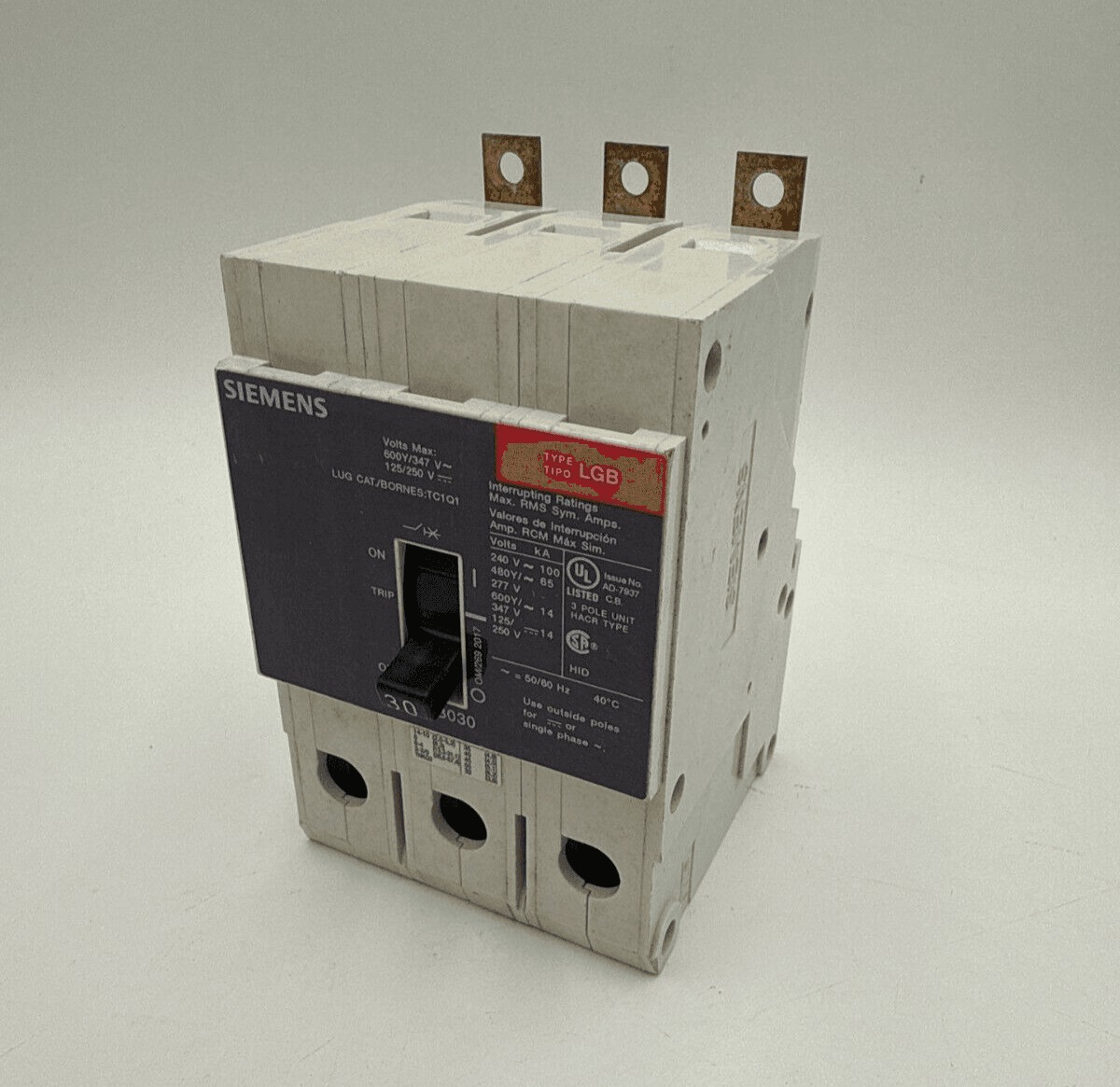 30 Amps, Siemens #LGB3B030, Circuit Breaker, 3-Pole, 600 Volts, Bolt-On, NEW
