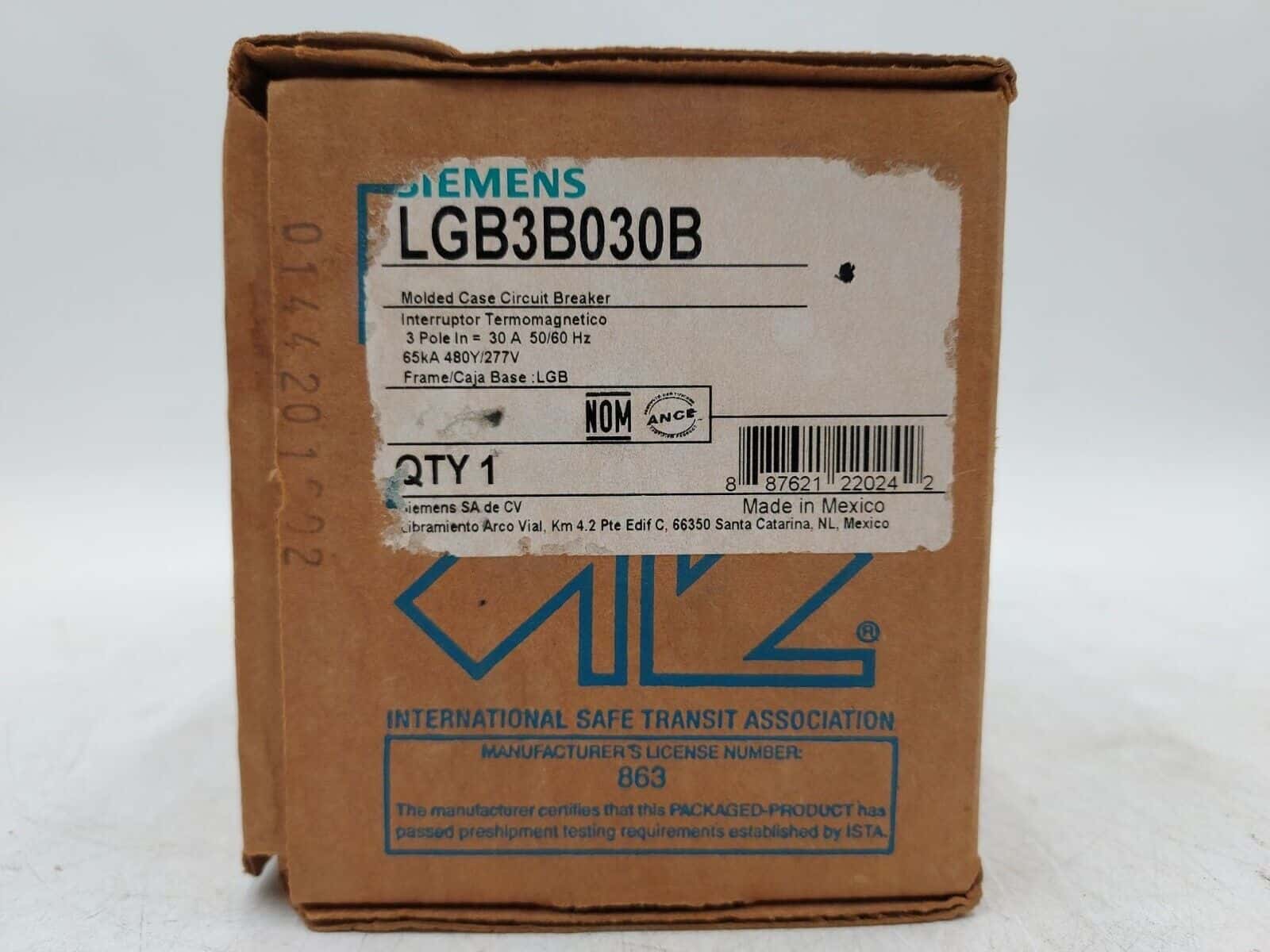 30 Amps, Siemens #LGB3B030B, Circuit Breaker, 3-Pole, 600 Volts, Bolt-On, NEW