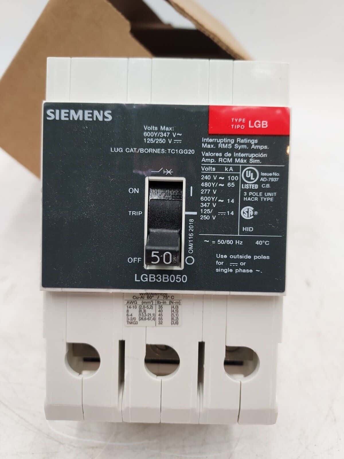 50 Amps, Siemens #LGB3B050B, Circuit Breaker, 3-Pole, 480 Volts, Bolt-On, NEW