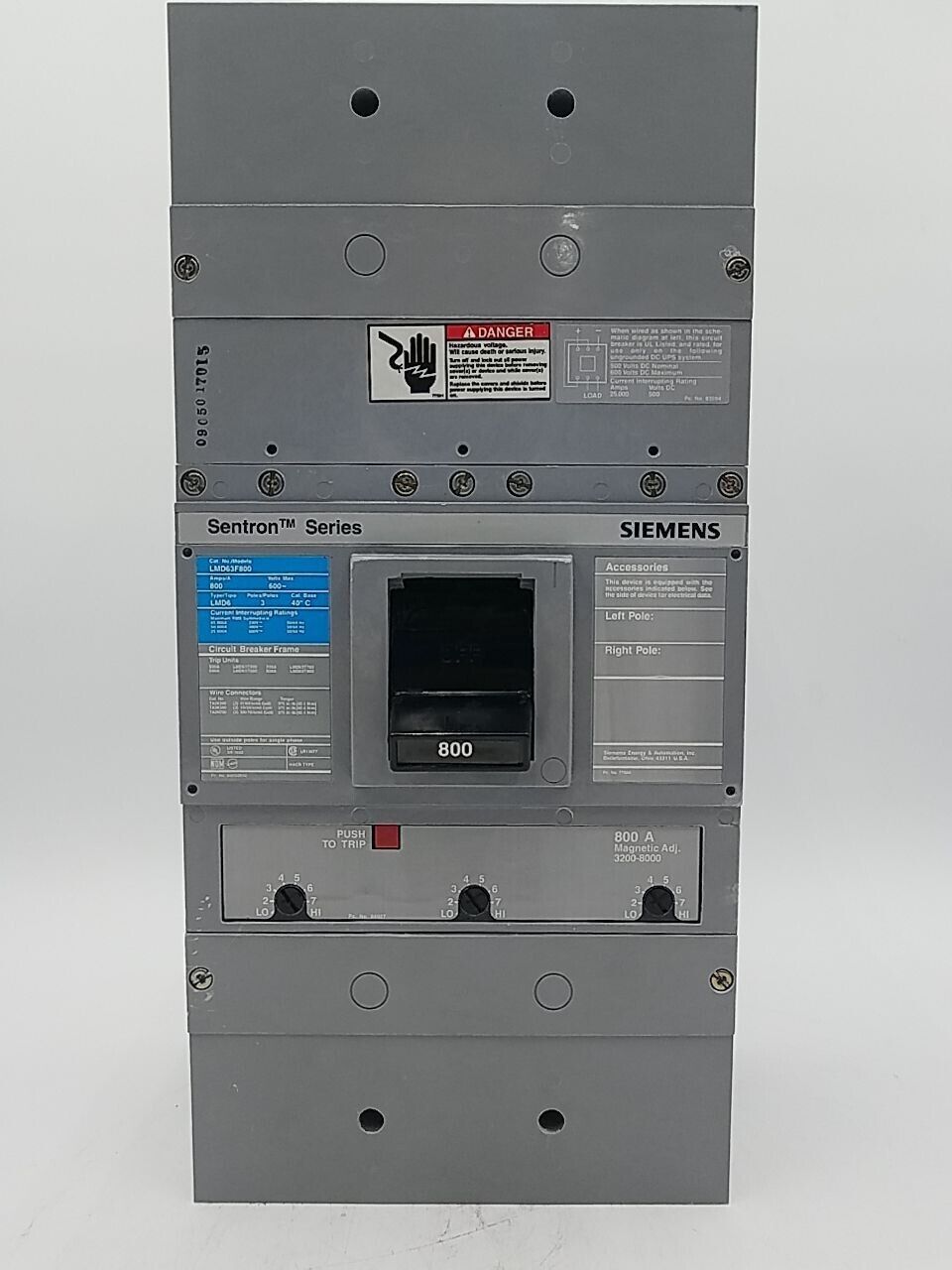 800 Amps, Siemens #LMD63F800, Circuit Breaker, 3-Pole, 600 Volts, Bolt-On