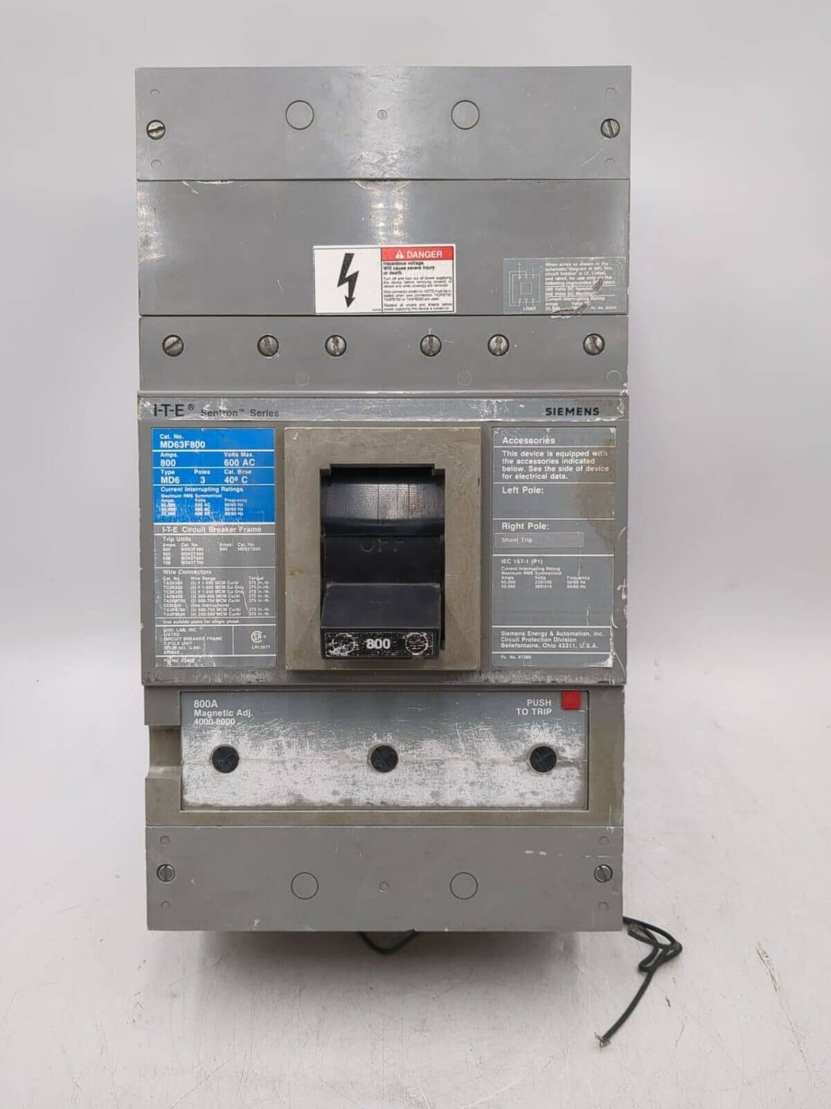 800 Amps, Siemens #MD63F800, Circuit Breaker, 3-Pole, 600 Volts, Bolt-On