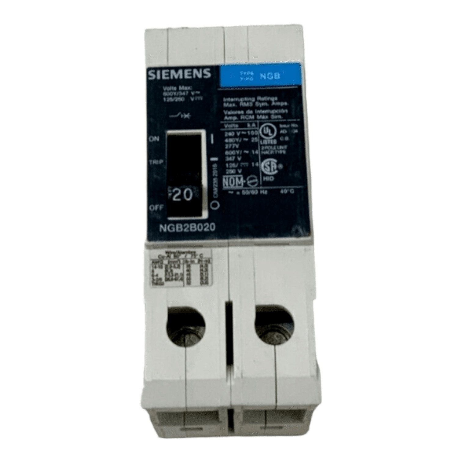 20 Amps, Siemens #NGB2B020, Circuit Breaker, 2-Pole, 600 Volts, Bolt-On