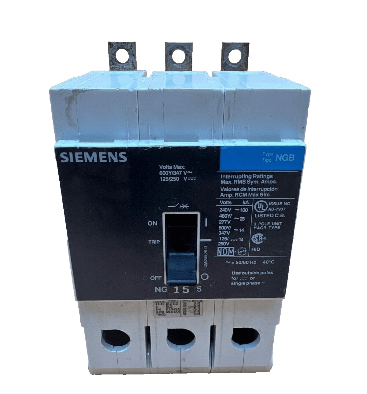 15 Amps, Siemens #NGB3B015, Circuit Breaker, 3-Pole, 480 Volts, Bolt-On
