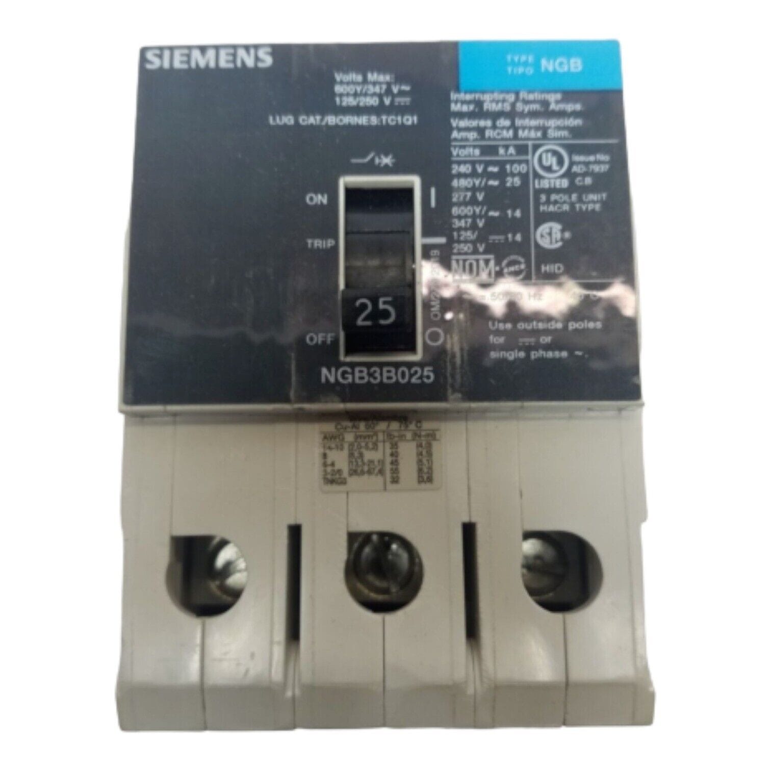 25 Amps, Siemens #NGB3B025, Circuit Breaker, 3-Pole, 600 Volts, Bolt-On