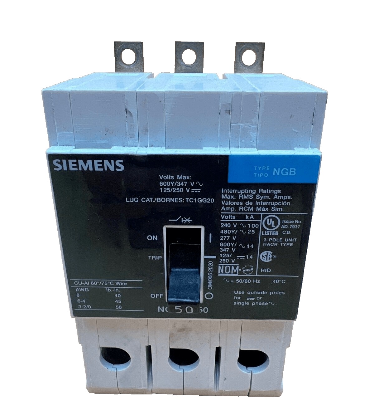 50 Amps, Siemens #NGB3B050, Circuit Breaker, 3-Pole, 600 Volts, Bolt-On