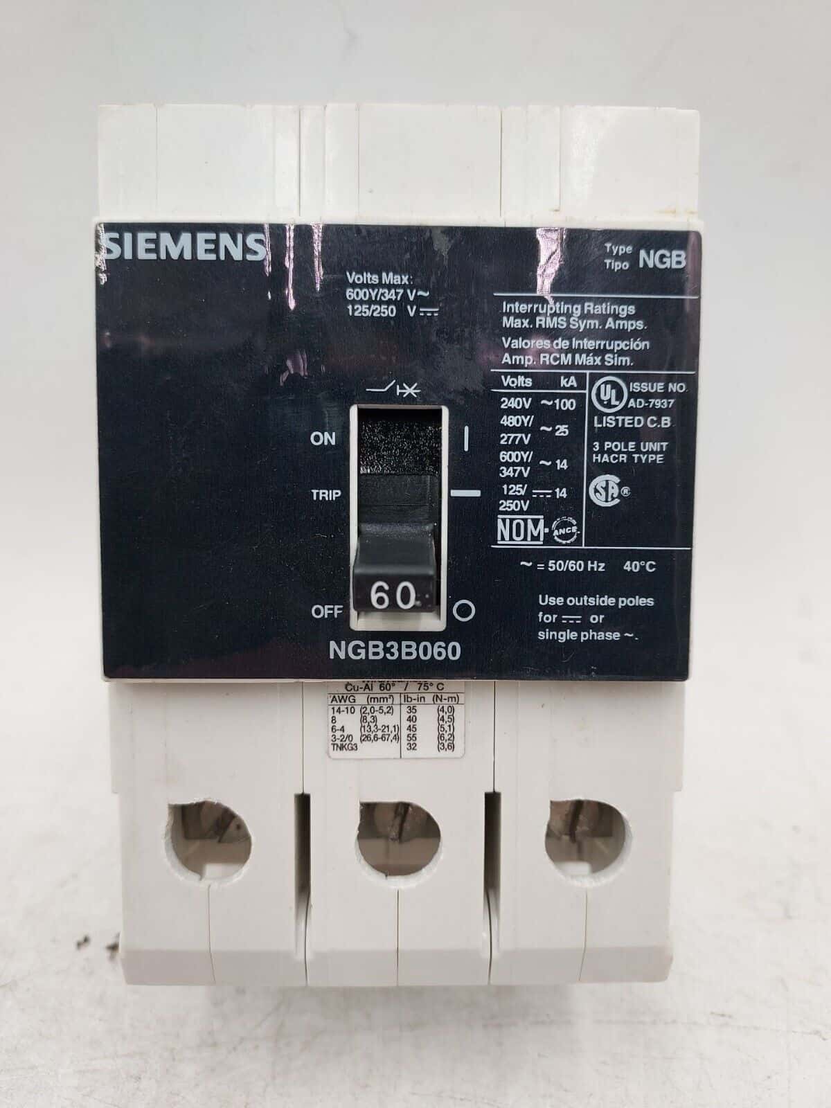 30 Amps, Siemens #NGB3B060, Circuit Breaker, 3-Pole, 480 Volts, Bolt-On