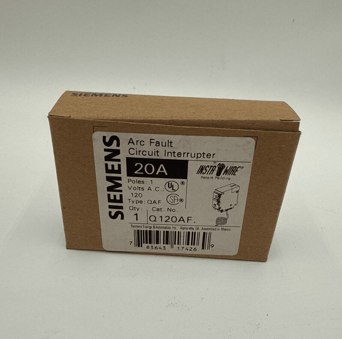 20 Amps, Siemens #Q120AF, Circuit Breaker, 1-Pole, 120 Volts, NEW
