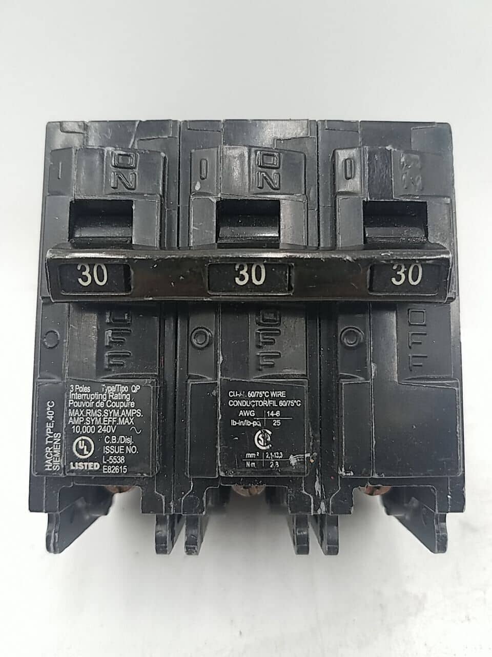 30 Amps, Siemens #Q330, Circuit Breaker, 3-Pole, 240 Volts, Plug-In