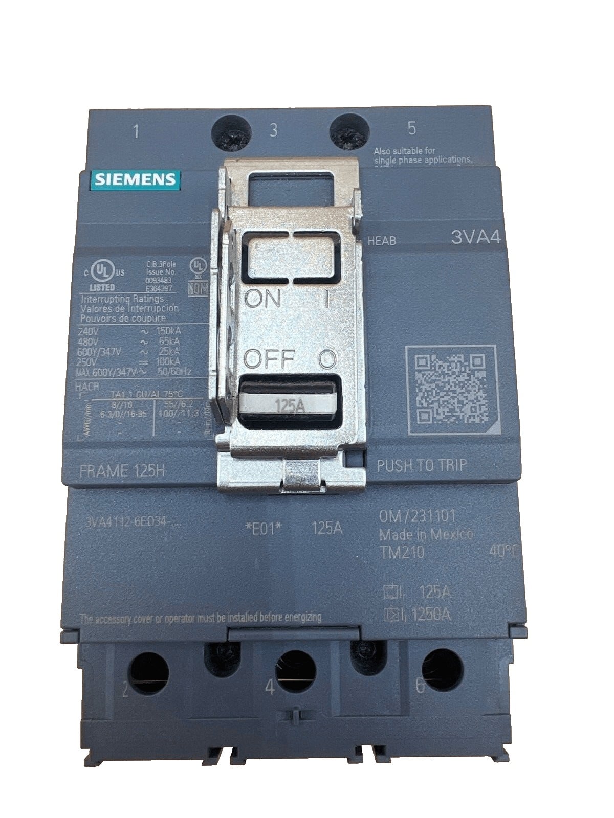 125 Amps, Square D #3VA4112-6ED34-0AA0, Circuit Breaker, 3-Pole, 600 Volts, Bolt-On
