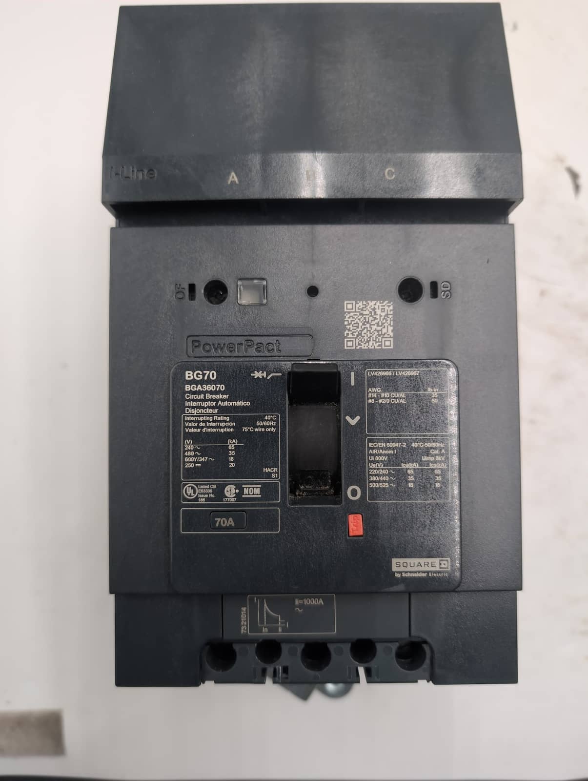 70 Amps, Square D #BGA36070, Circuit Breaker, 3-Pole, 600 Volts