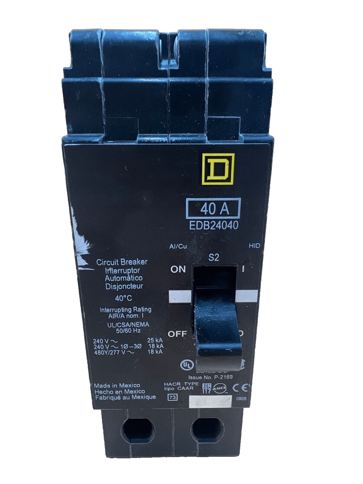 40 Amps, Square D #EDB24040, Circuit Breaker, 2-Pole, 480 Volts, Bolt-On