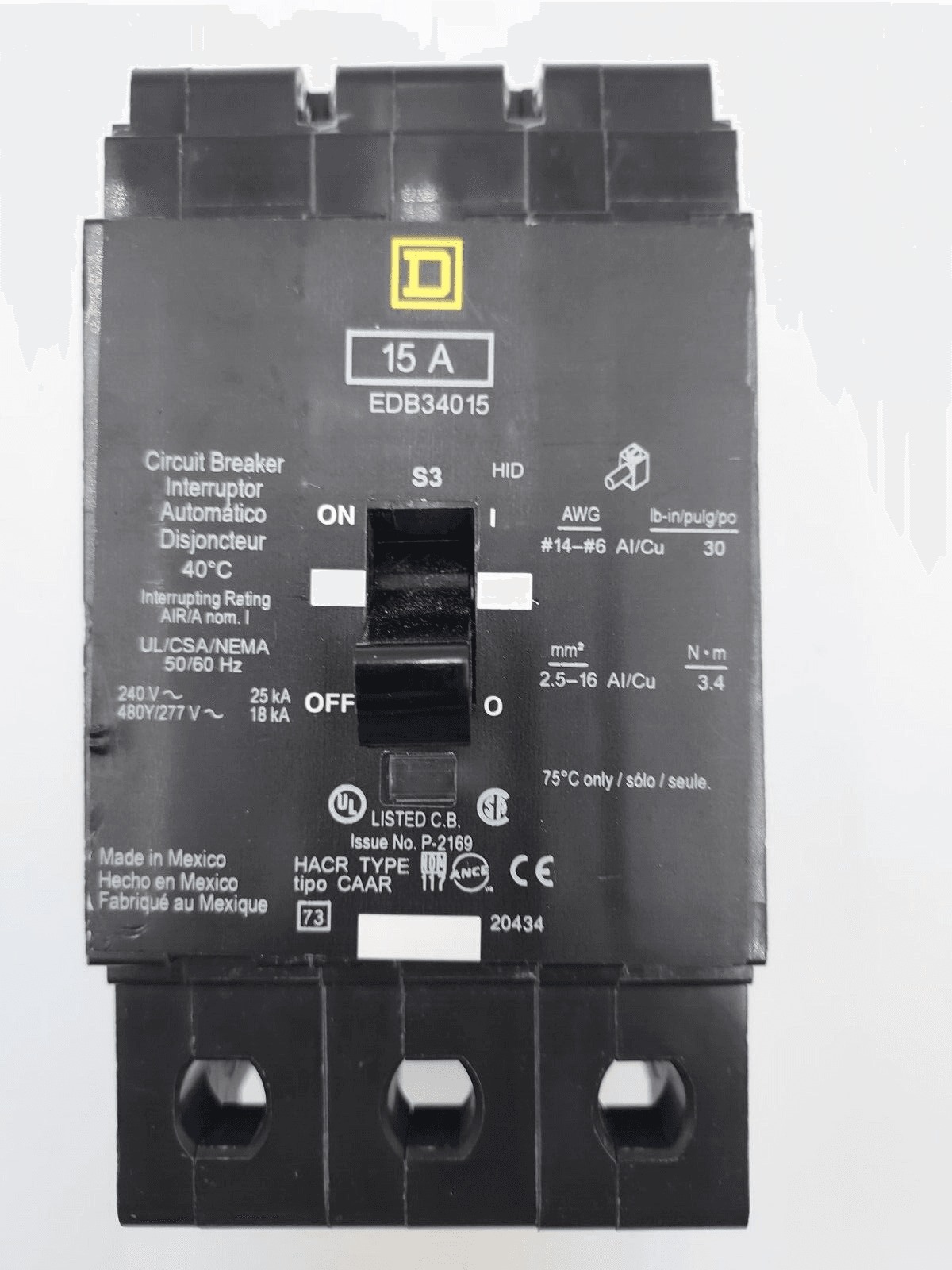 15 Amps, Square D #EDB34015, Circuit Breaker, 3-Pole, 480 Volts, Bolt-On