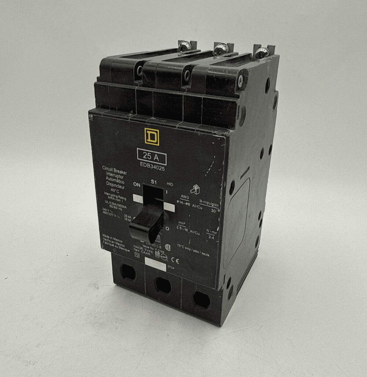 25 Amps, Square D #EDB34025, Circuit Breaker, 3-Pole, 480 Volts, Bolt-On
