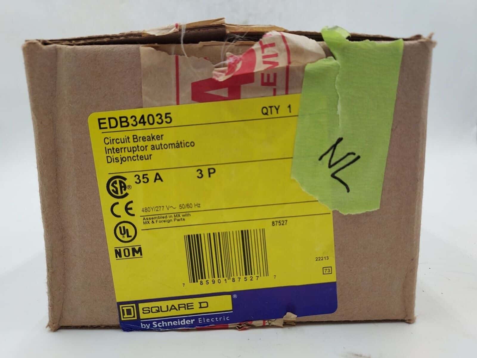35 Amps, Square D #EDB34035, Circuit Breaker, 3-Pole, 480 Volts, Bolt-On, NEW