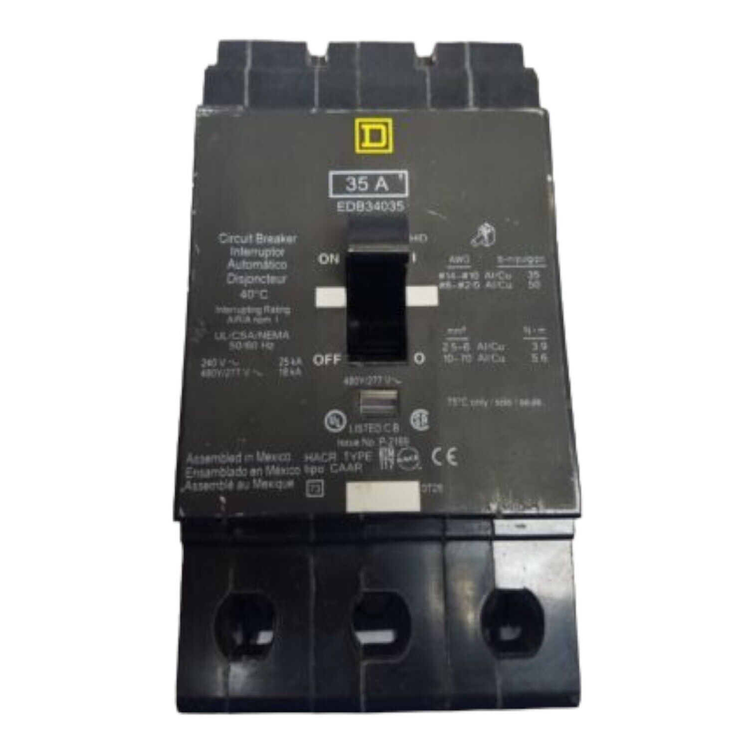 35 Amps, Square D #EDB34035, Circuit Breaker, 3-Pole, 480 Volts, Bolt-On