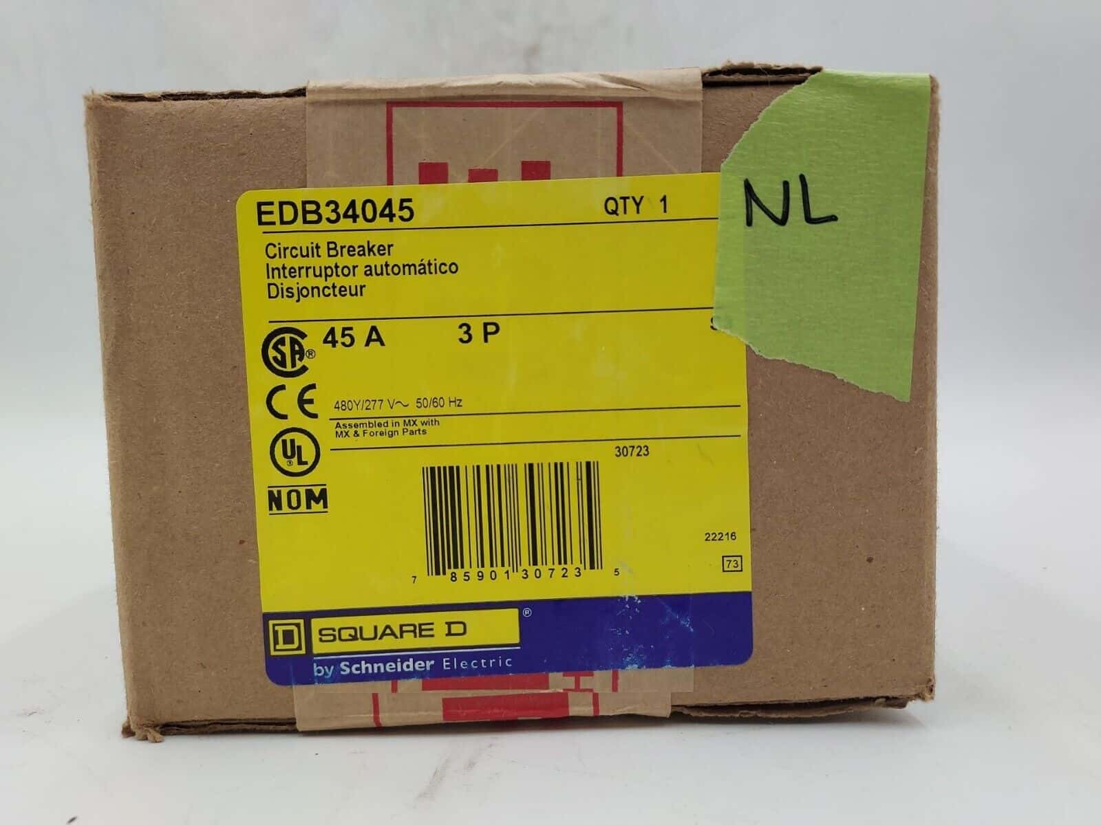 45 Amps, Square D #EDB34045, Circuit Breaker, 3-Pole, 480/277 Volts, Bolt-On, NEW