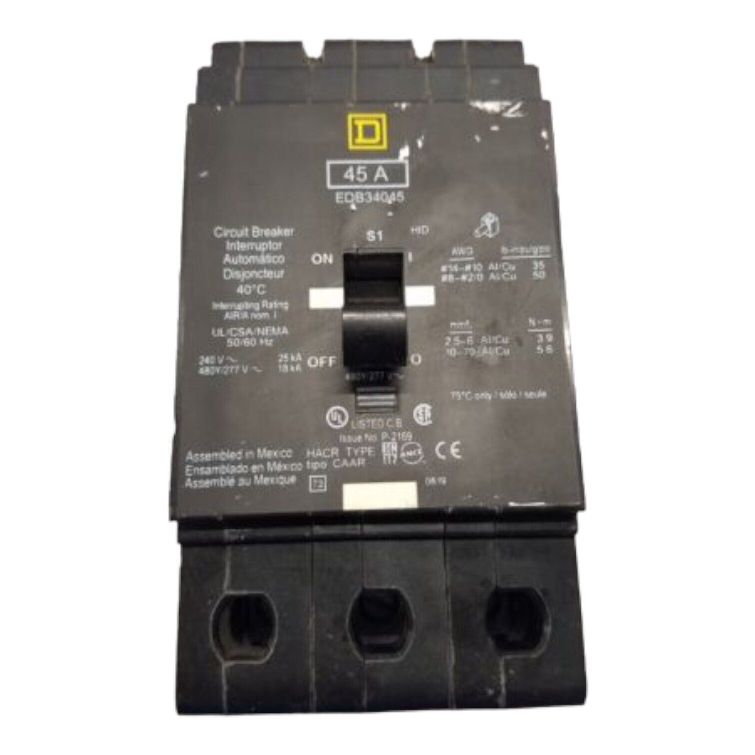 45 Amps, Square D #EDB34045, Circuit Breaker, 3-Pole, 480/277 Volts, Bolt-On
