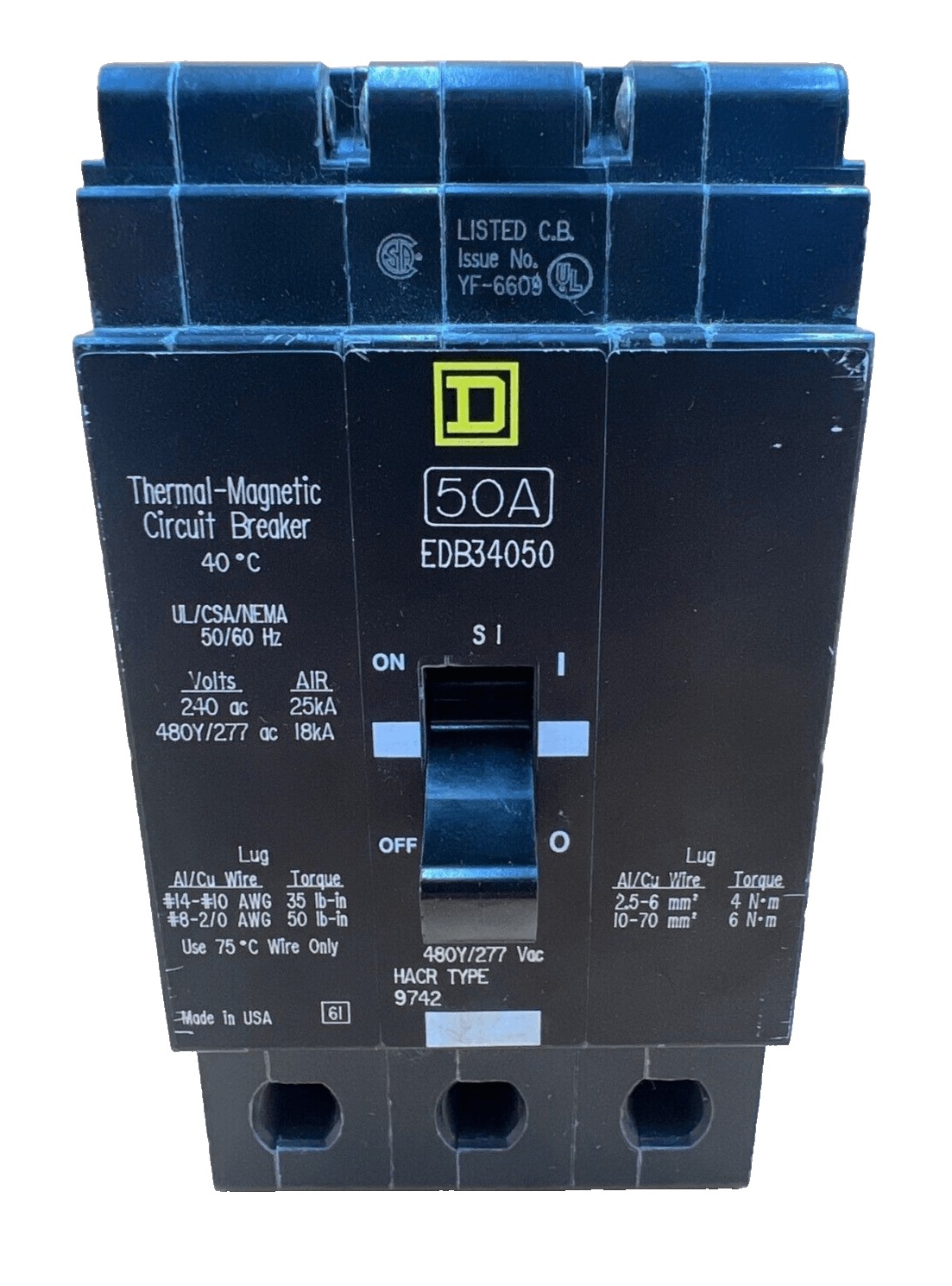 50 Amps, Square D #EDB34050, Circuit Breaker, 3-Pole, 480/277 Volts, Bolt-On