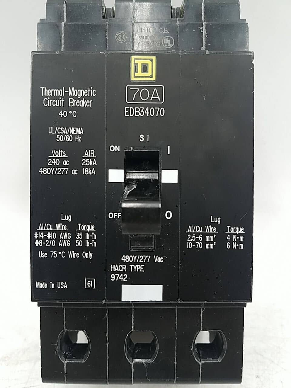 70 Amps, Square D #EDB34070, Circuit Breaker, 3-Pole, 480/277 Volts, Bolt-On