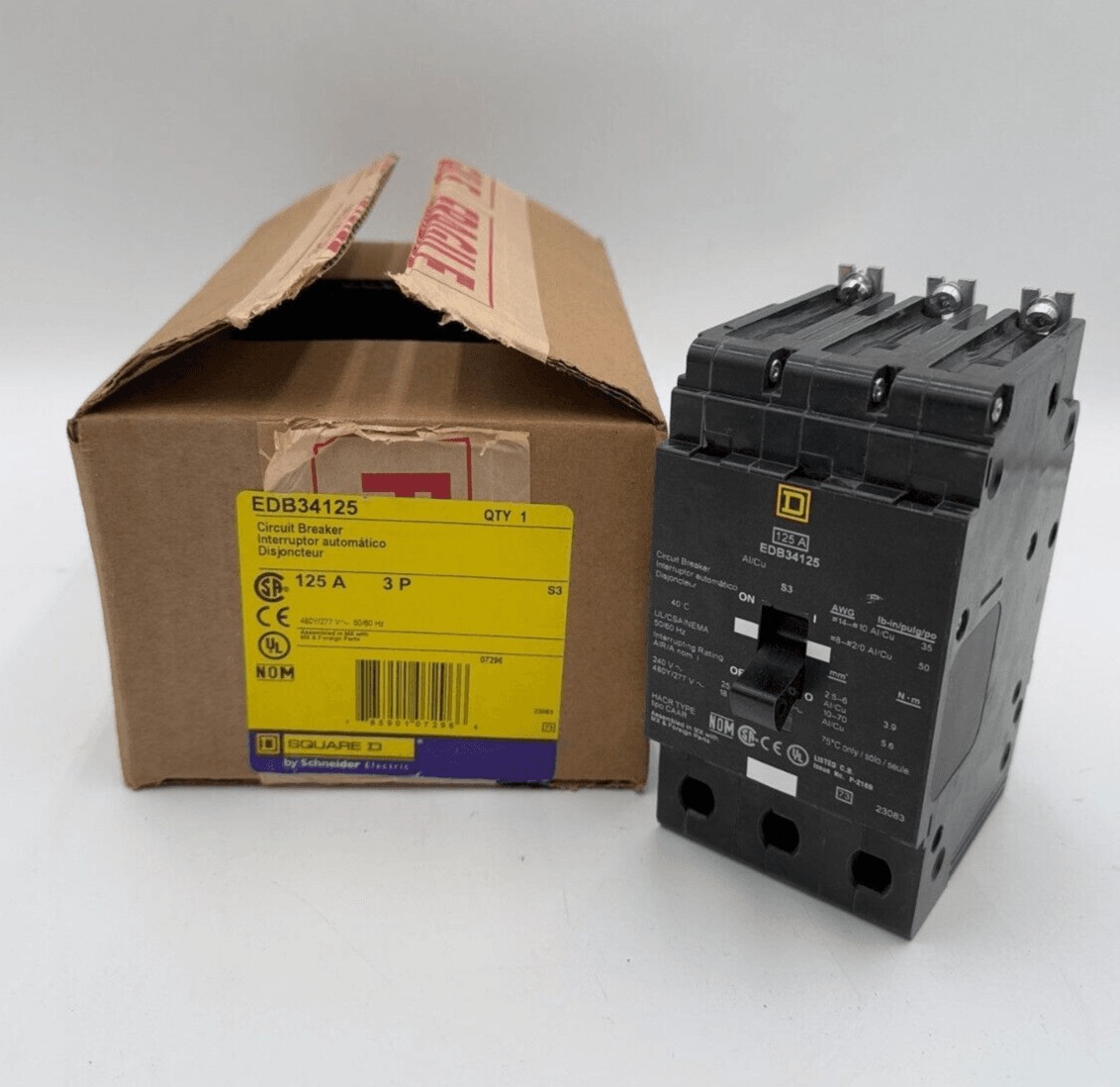 125 Amps, Square D #EDB34125, Circuit Breaker, 3-Pole, 480 Volts, Bolt-On, NEW (2 available)