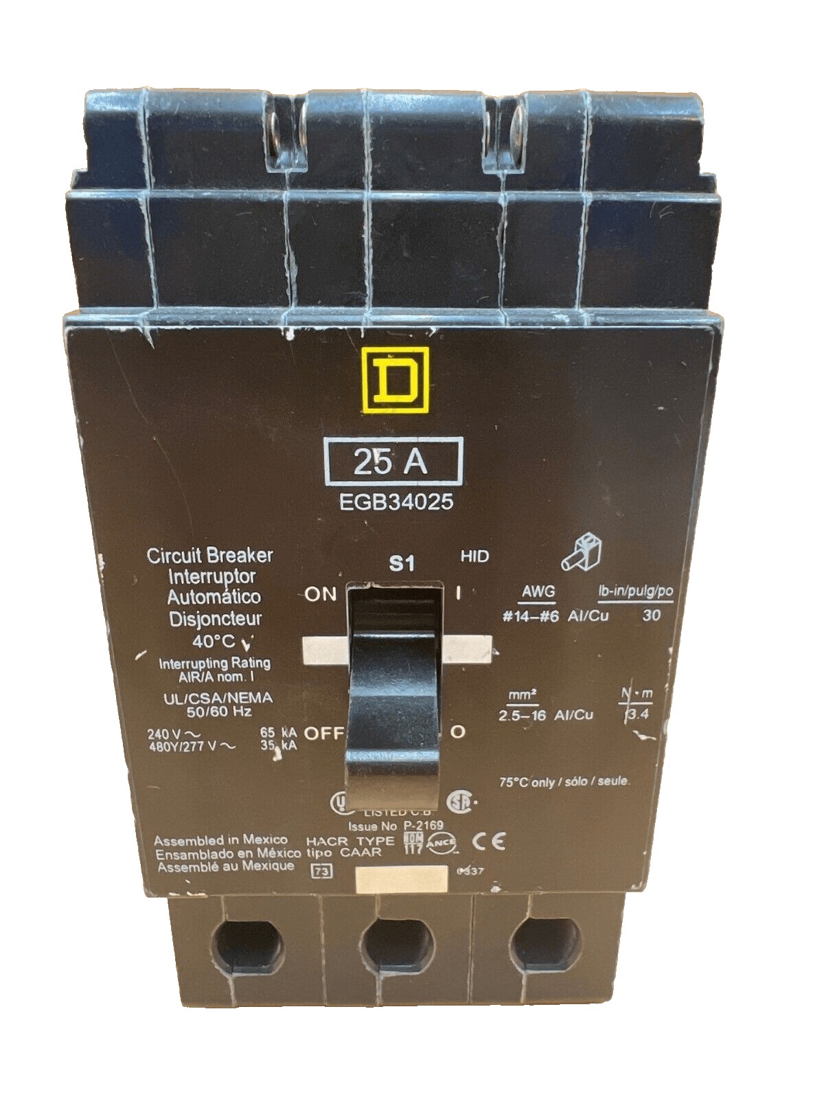 25 Amps, Square D #EGB34025, Circuit Breaker, 3-Pole, 480 Volts, Bolt-On
