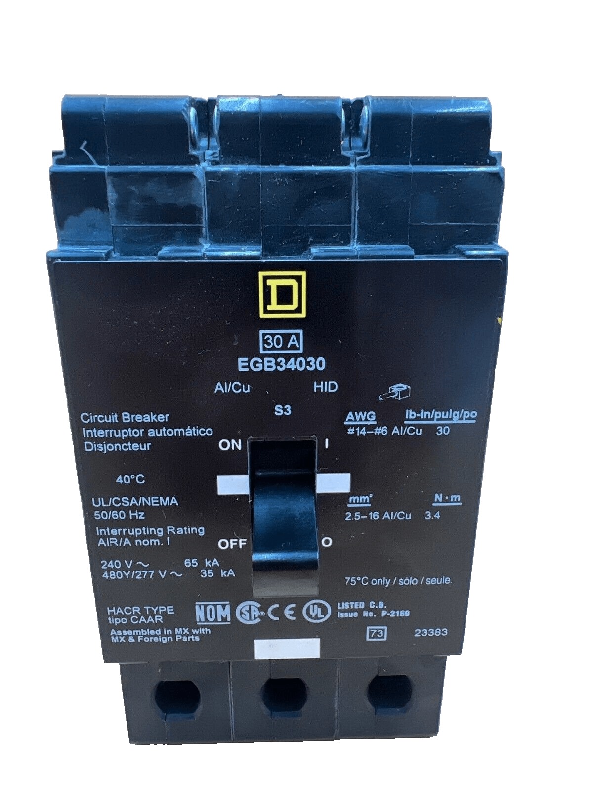 30 Amps, Square D #EGB34030, Circuit Breaker, 3-Pole, 480 Volts, Bolt-On