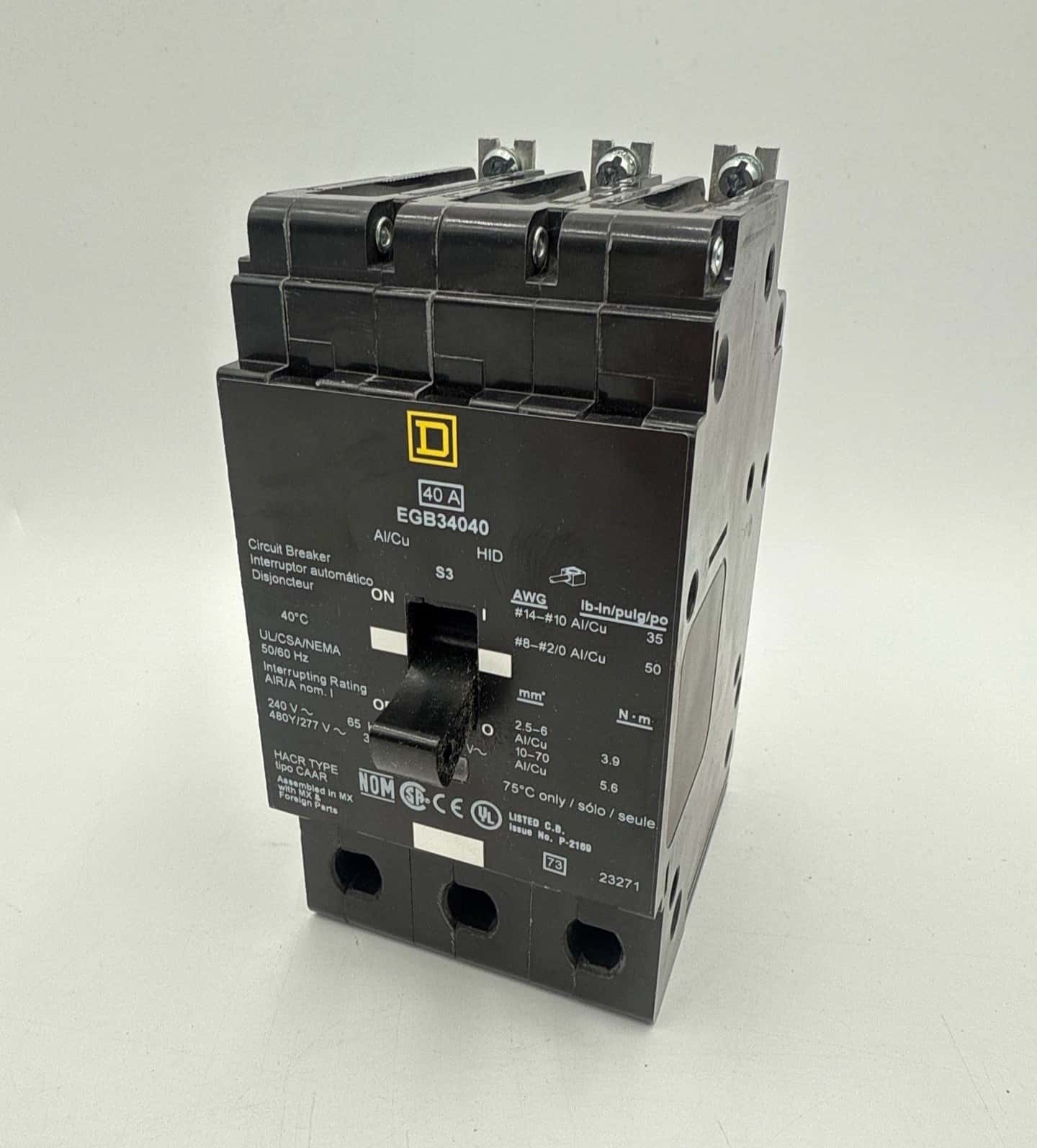 40 Amps, Square D #EGB34040, Circuit Breaker, 3-Pole, 480/277 Volts, Bolt-On, NEW