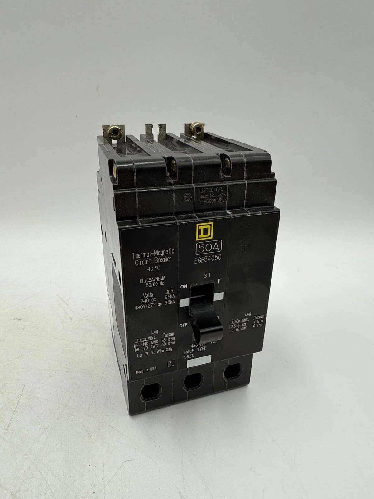 50 Amps, Square D #EGB34050, Circuit Breaker, 3-Pole, 480 Volts, Bolt-On