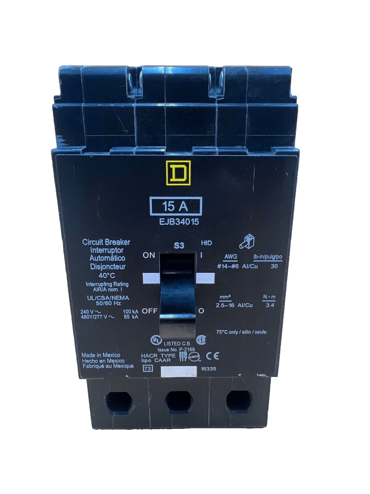 15 Amps, Square D #EJB34015, Circuit Breaker, 3-Pole, 480 Volts, Bolt-On