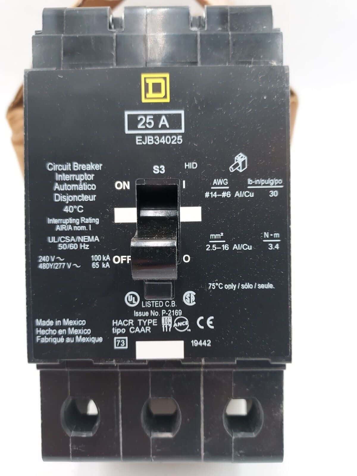 25 Amps, Square D #EJB34025, Circuit Breaker, 3-Pole, 480/277 Volts, Bolt-On, NEW
