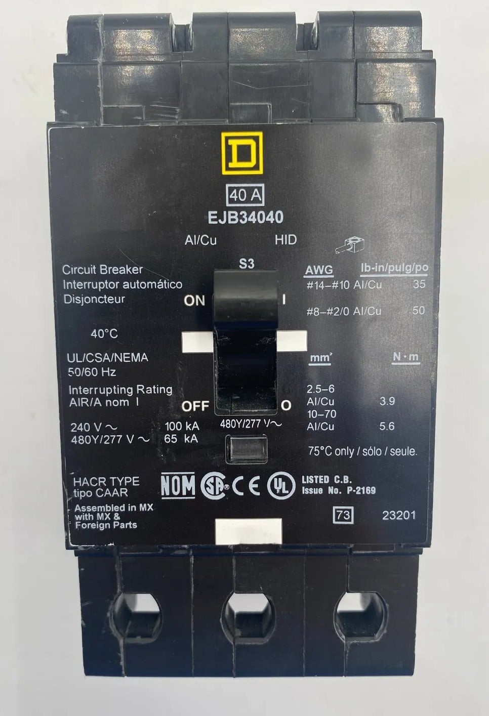 40 Amps, Square D #EJB34040, Circuit Breaker, 3-Pole, 480 Volts