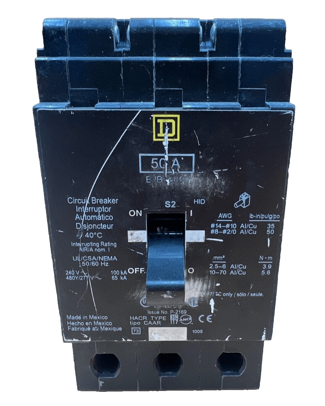 50 Amps, Square D #EJB34050, Circuit Breaker, 3-Pole, 480 Volts, Bolt-On