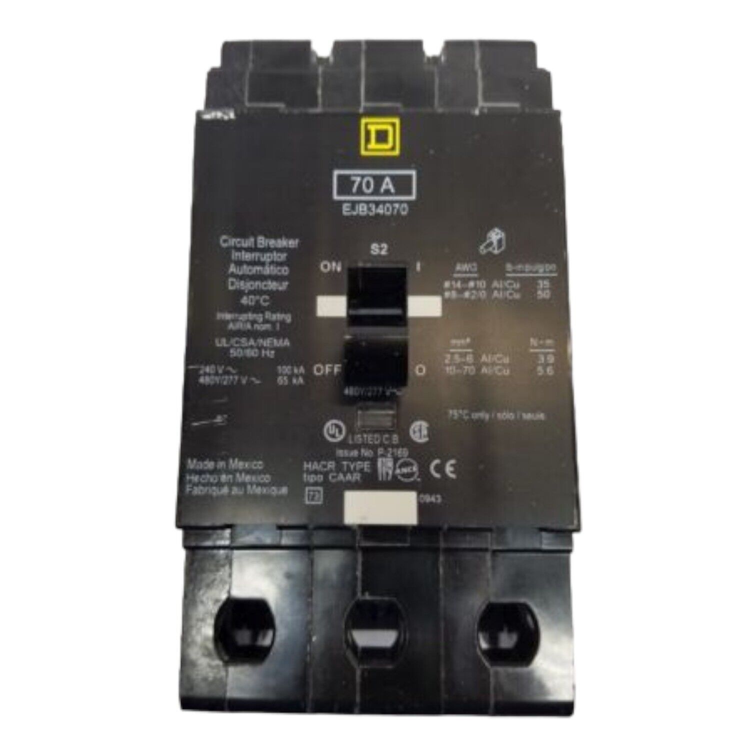 70 Amps, Square D #EJB34070, Circuit Breaker, 3-Pole, 480 Volts, Bolt-On