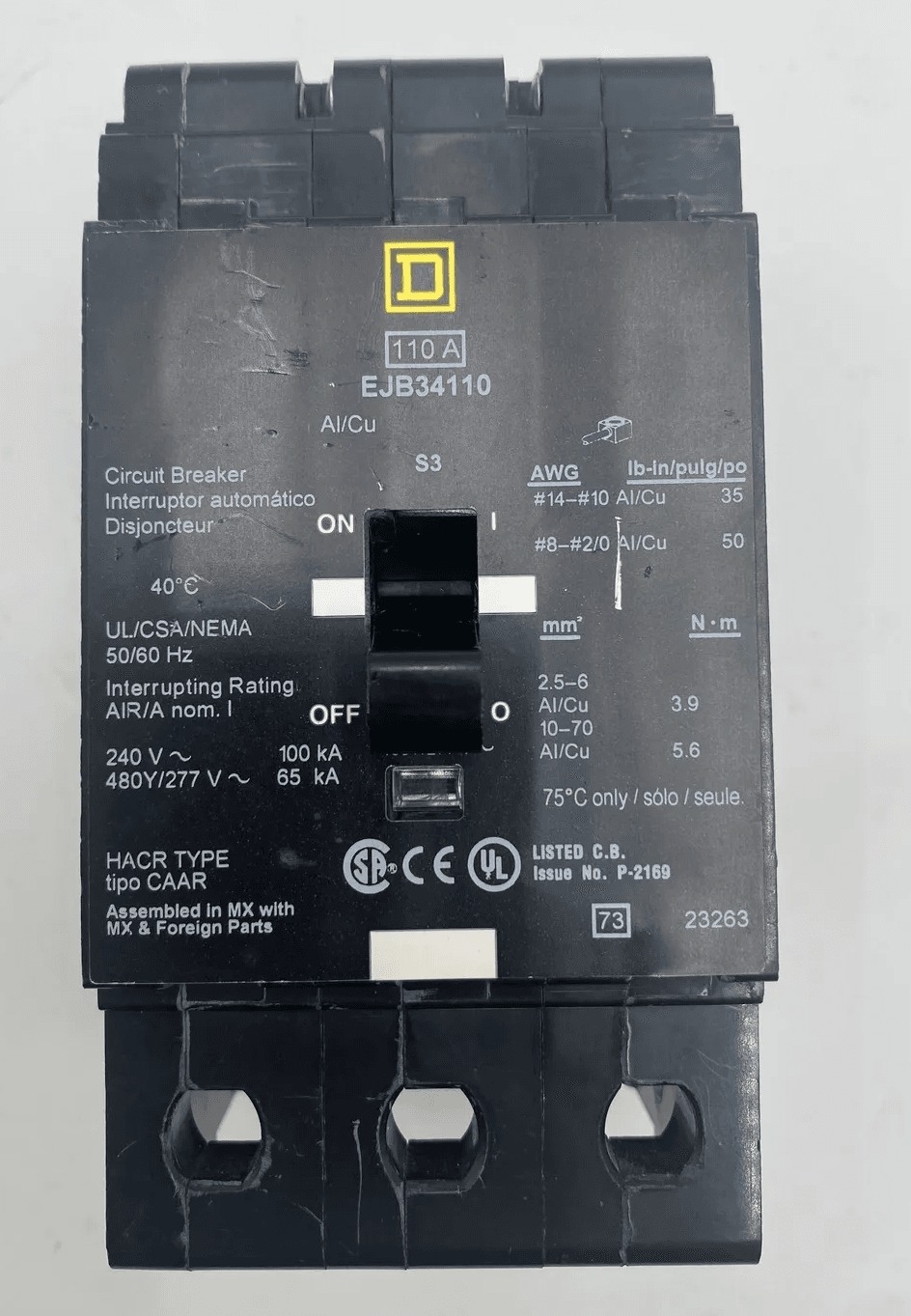 110 Amps, Square D #EJB34110, Circuit Breaker, 3-Pole, 480 Volts