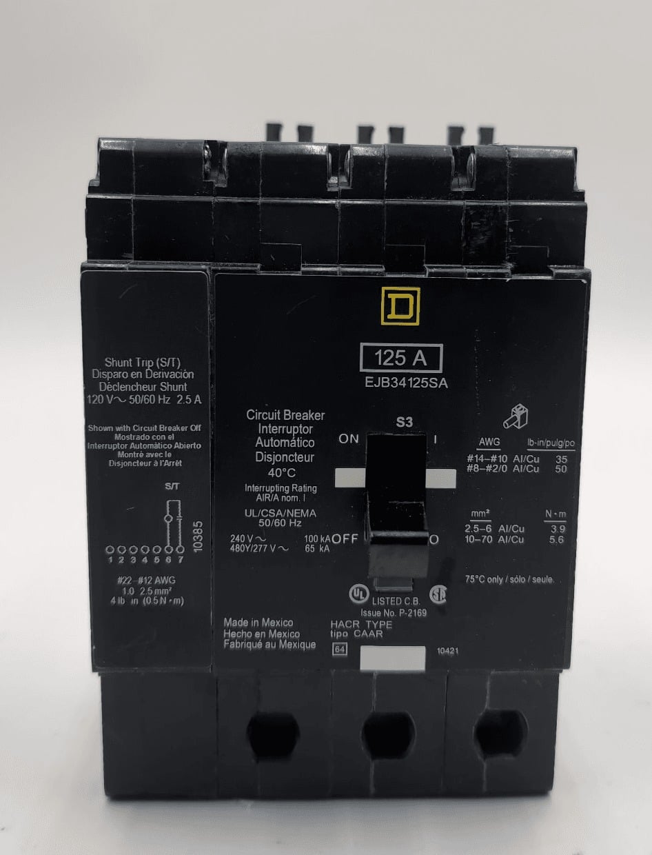 125 Amps, Square D #EJB34125SA, Circuit Breaker, 3-Pole, 277 Volts, Shunt Trip