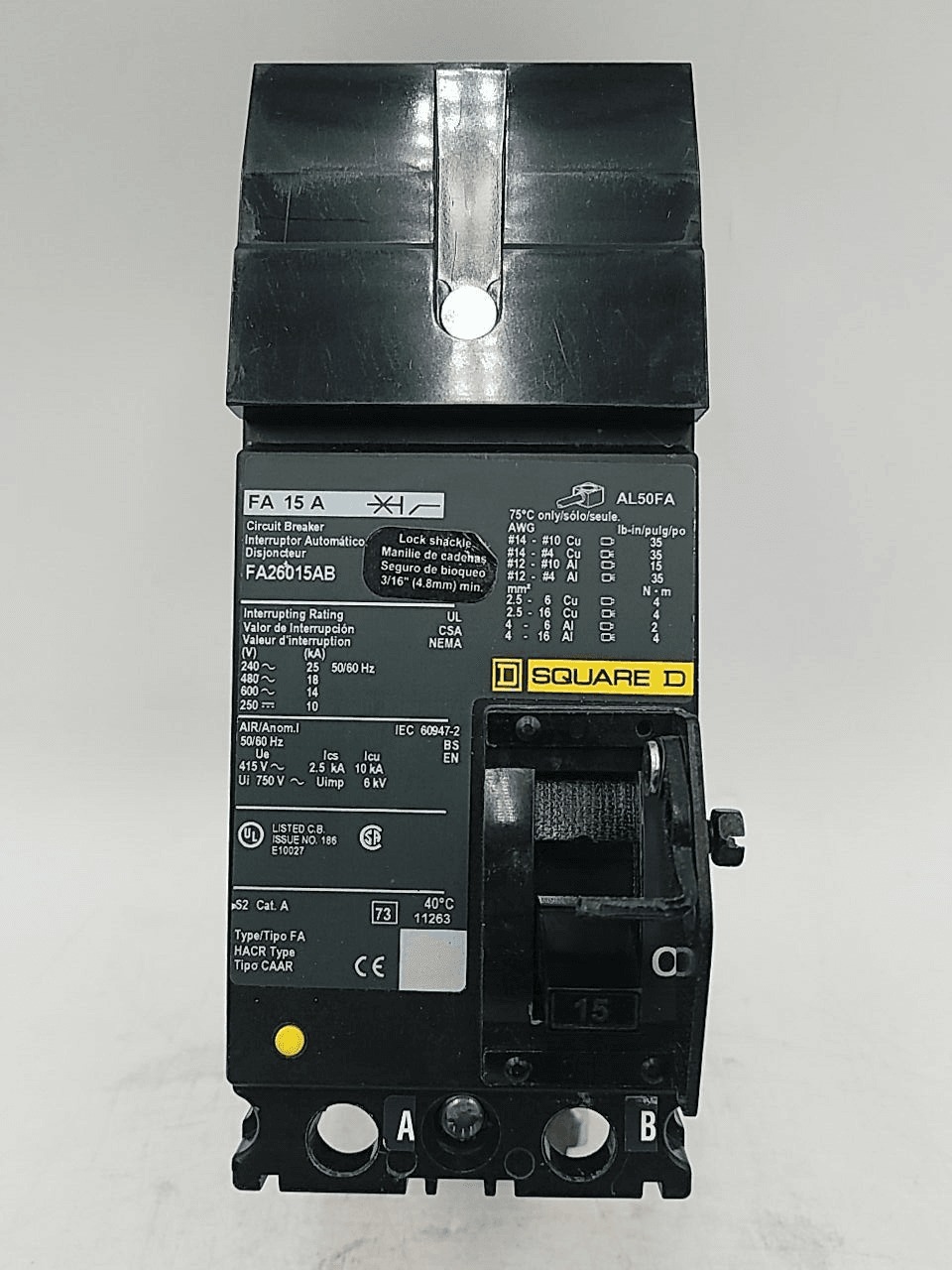 15 Amps, Square D #FA26015AB, I-Line Circuit Breaker, 2-Pole, 600 Volts