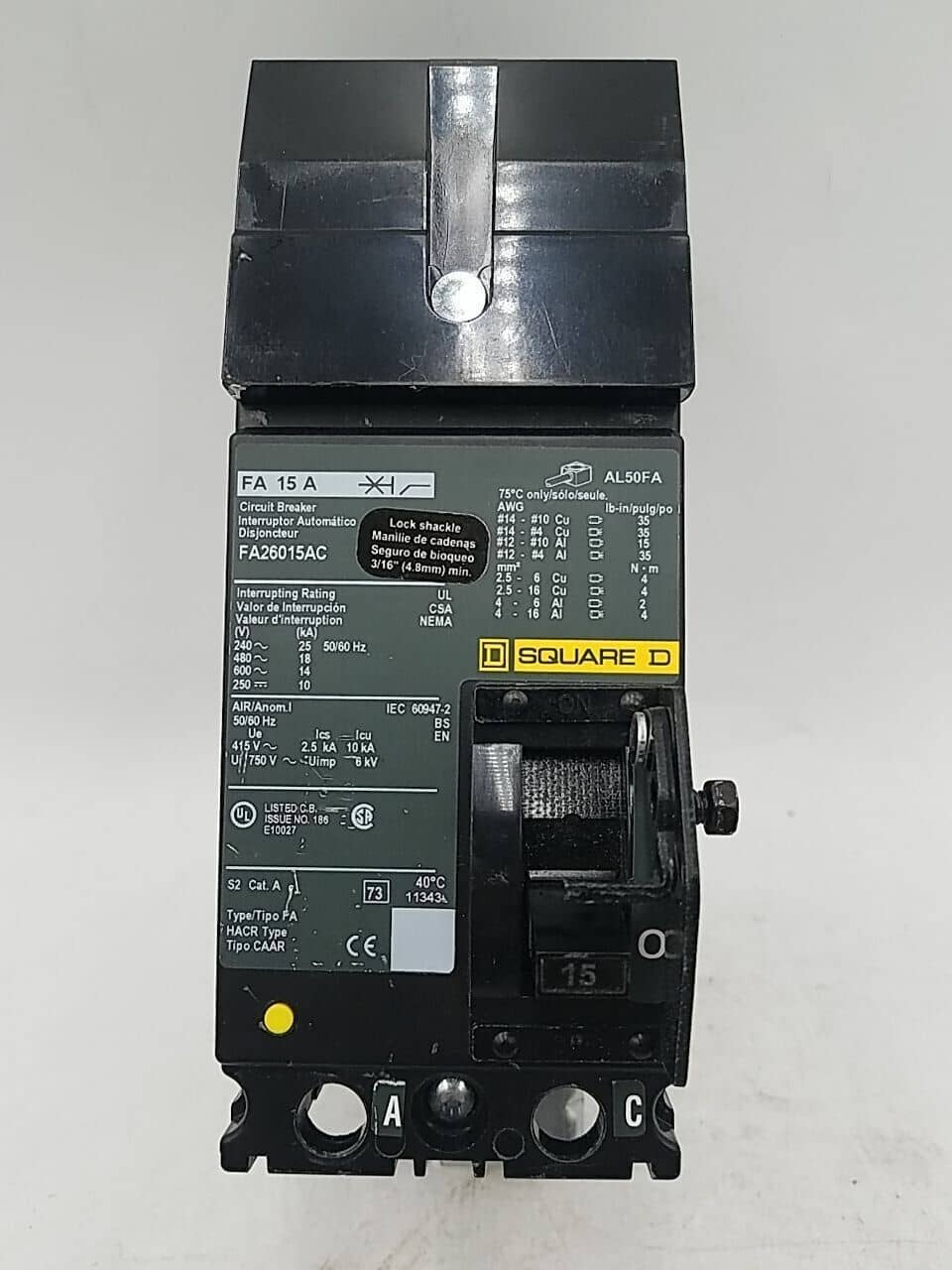 15 Amps, Square D #FA26015AC, I-Line Circuit Breaker, 2-Pole, 600 Volts