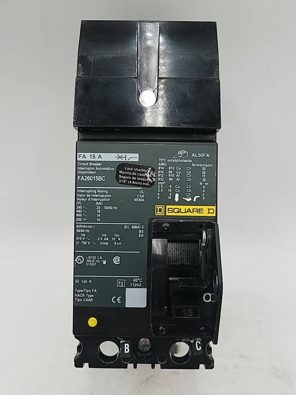 15 Amps, Square D #FA26015BC, I-Line Circuit Breaker, 2-Pole, 600 Volts