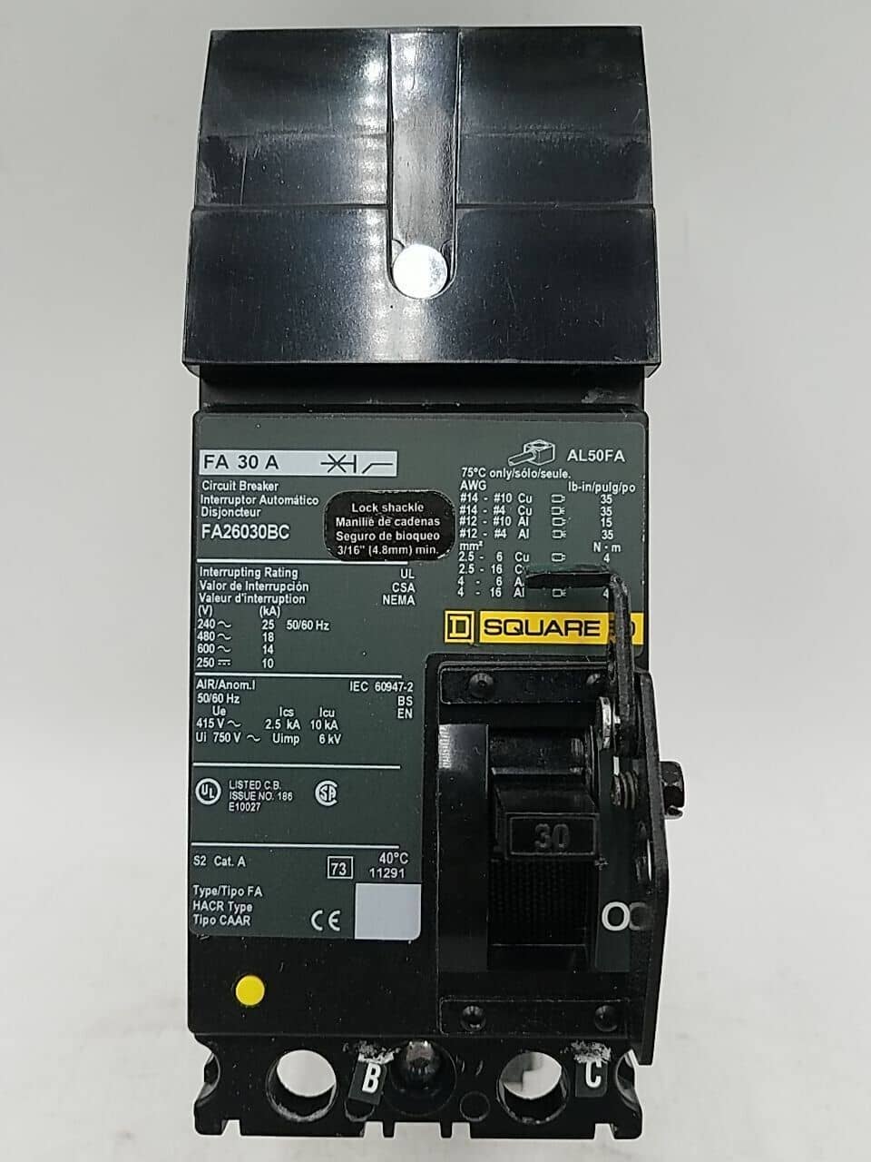 30 Amps, Square D #FA26030BC, I-Line Circuit Breaker, 2-Pole, 600 Volts