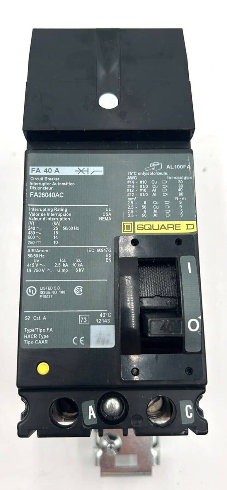 40 Amps, Square D #FA26040AC, I-Line Circuit Breaker, 2-Pole, 600 Volts