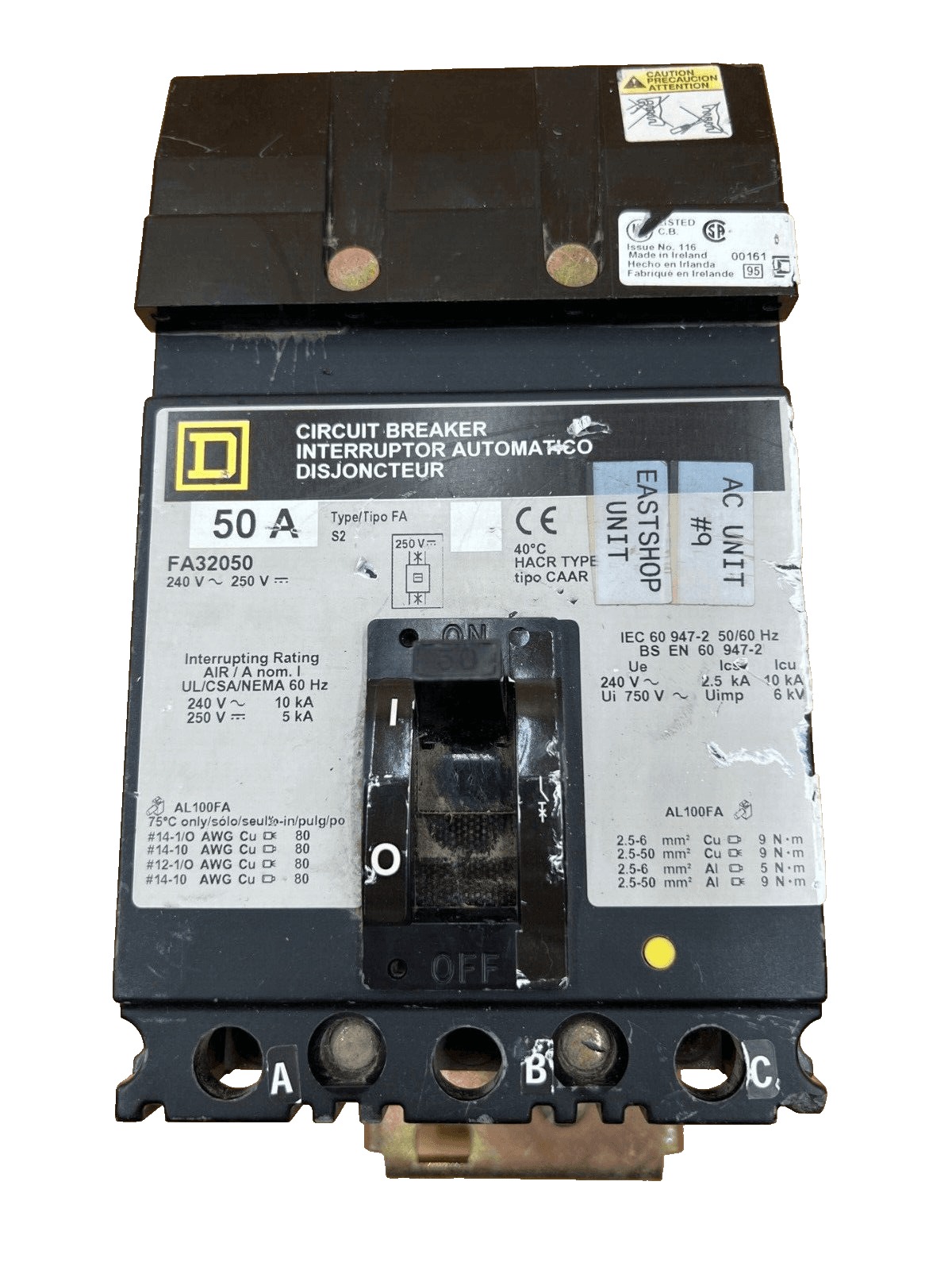 50 Amps, Square D #FA32050, I-Line Circuit Breaker, 3-Pole, 240 Volts