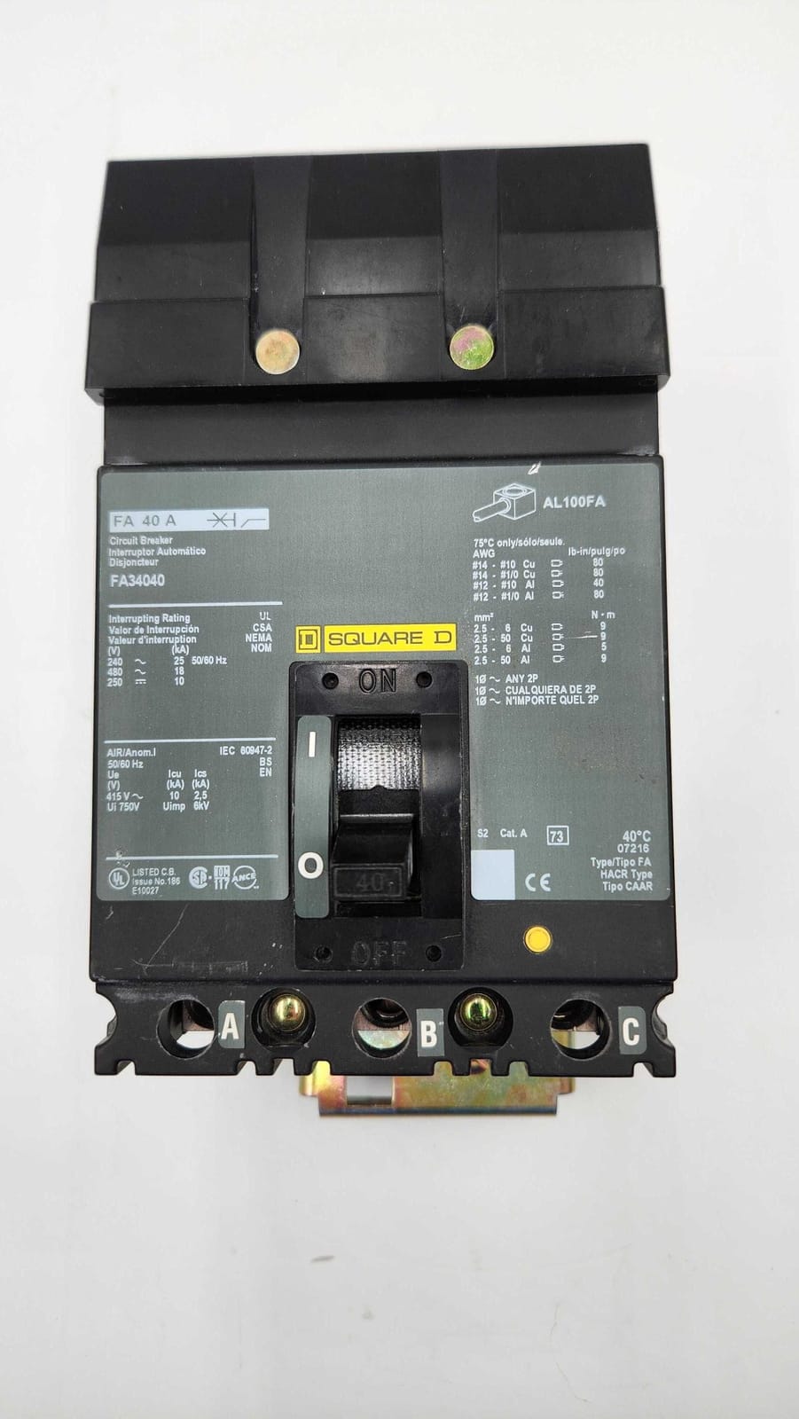 40 Amps, Square D #FA34040, I-Line Circuit Breaker, 3-Pole, 480 Volts (3 available)