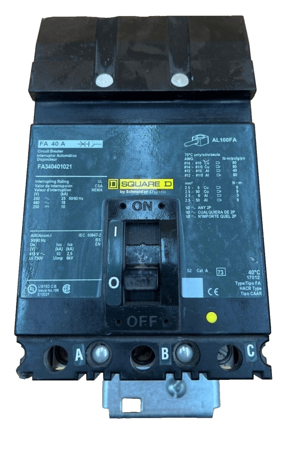 40 Amps, Square D #FA340401021, I-Line Circuit Breaker, 3-Pole, 480 Volts