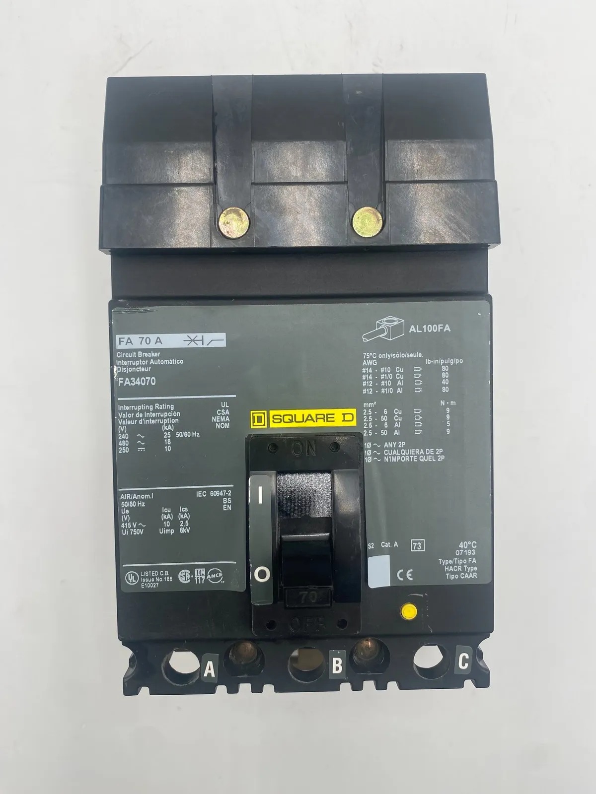 70 Amps, Square D #FA34070, I-Line Circuit Breaker, 3-Pole, 480 Volts (3 available)