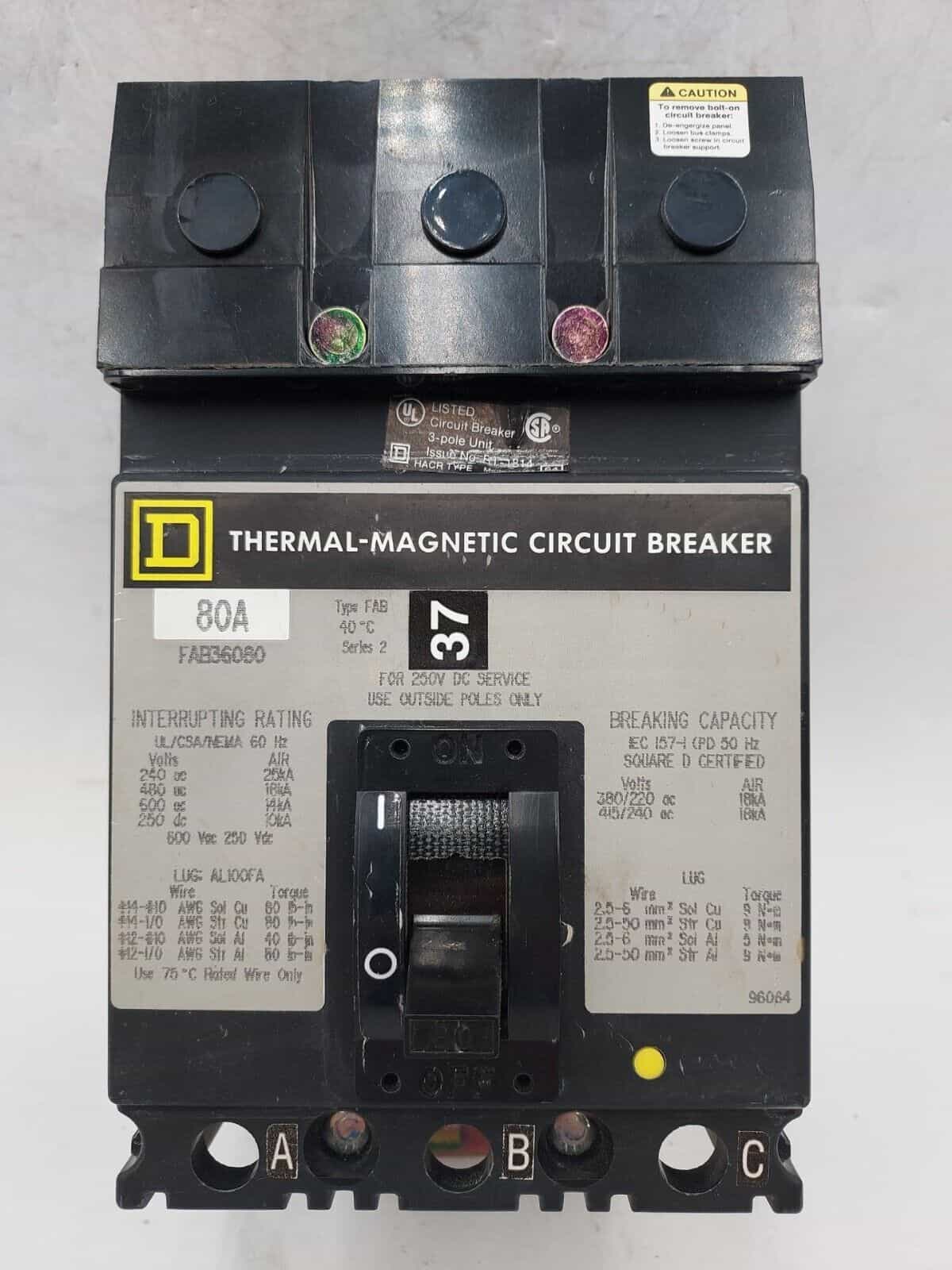 80 Amps, Square D #FAB36080, I-Line Circuit Breaker, 3-Pole, 600 Volts