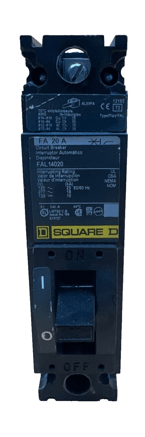 20 Amps, Square D #FAL14020, Circuit Breaker, 1-Pole, 480 Volts, Lug to Lug