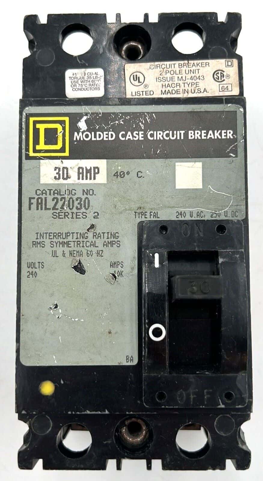 30 Amps, Square D #FAL22030, Circuit Breaker, 2-Pole, 240 Volts, Bolt-On